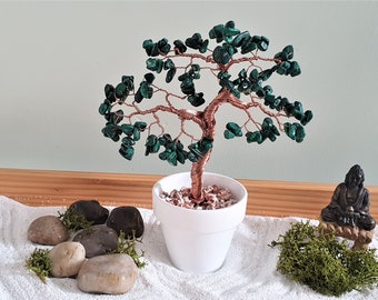 Bonsaï en Malachite véritable et fils de cuivre Décor Feng Shui