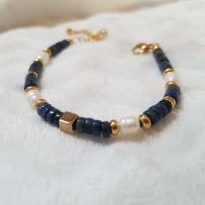 Bracelet en pierres de Lapis lazuli véritable & perles d'eau douce Acier inoxydable image 2