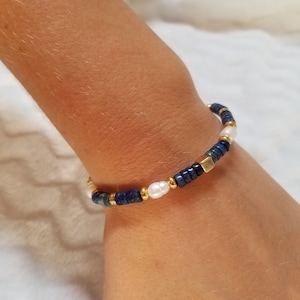Bracelet en pierres de Lapis lazuli véritable & perles d'eau douce Acier inoxydable image 3