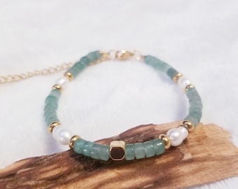 Heishi Aventurine bracelet and mother-of-pearl beads in golden stainless steel
