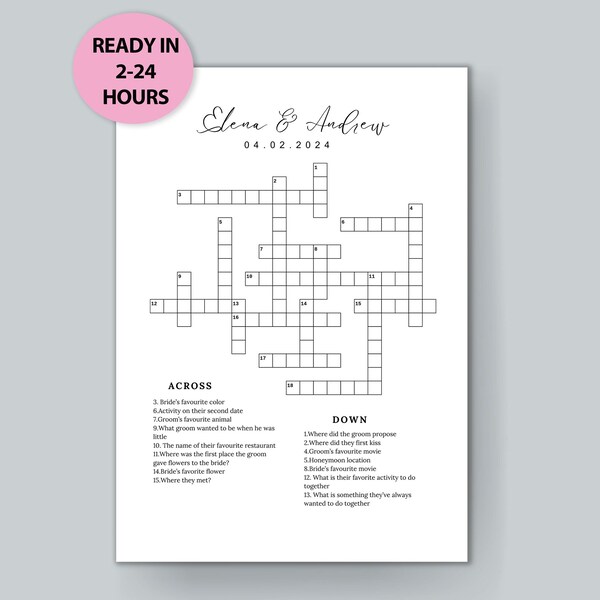 personalized wedding Crossword Puzzle, custom Wedding Activity, Lawn Games, Wedding Crossword Puzzle, bridal shower games, wedding shower