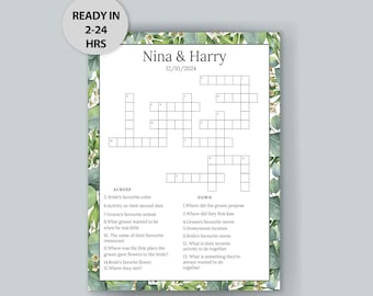 Puede incluir: Un crucigrama de boda imprimible con un borde verde de eucalipto. El crucigrama está titulado "Nina & Harry" con la fecha "12/10/2024".