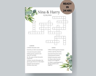 Puede incluir: Un crucigrama de boda imprimible con un diseño floral verde y blanco. El crucigrama está titulado "Nina & Harry" con la fecha "12/10/2024".