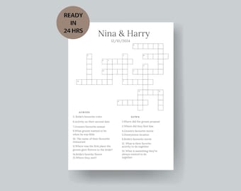 Puede incluir: Un crucigrama imprimible en blanco y negro para una despedida de soltera o una fiesta de bodas. El crucigrama se titula "Nina & Harry" con la fecha "12/10/2024".