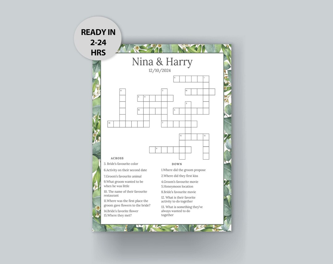 Personalized Wedding Crossword Puzzle, Custom Wedding Activity, Lawn