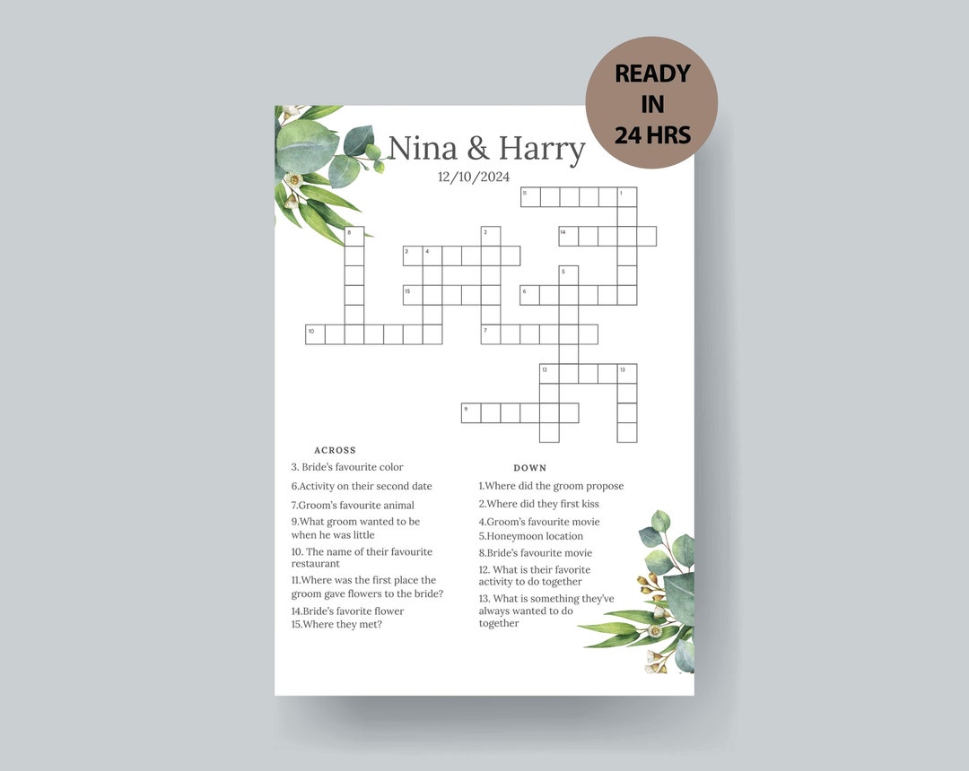 Personalized Wedding Crossword Puzzle, Custom Wedding Activity, Lawn
