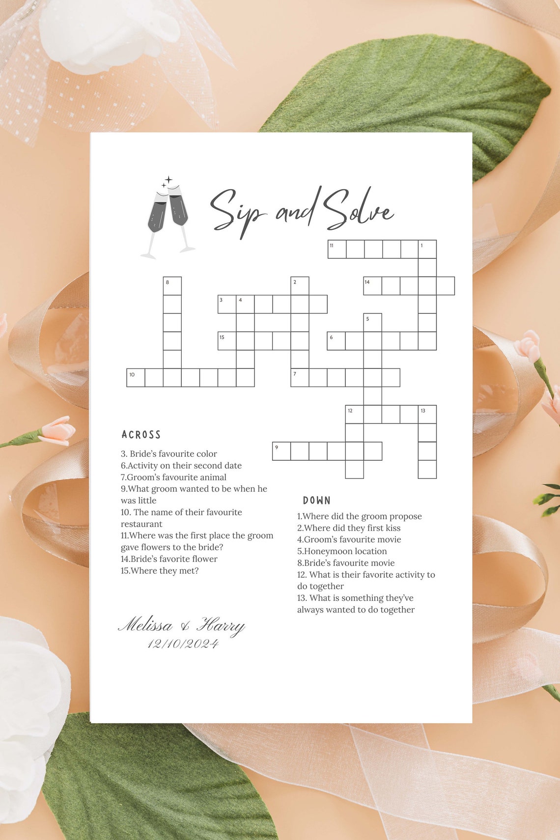 Personalized Wedding Crossword Puzzle, Custom Wedding Activity, Lawn ...