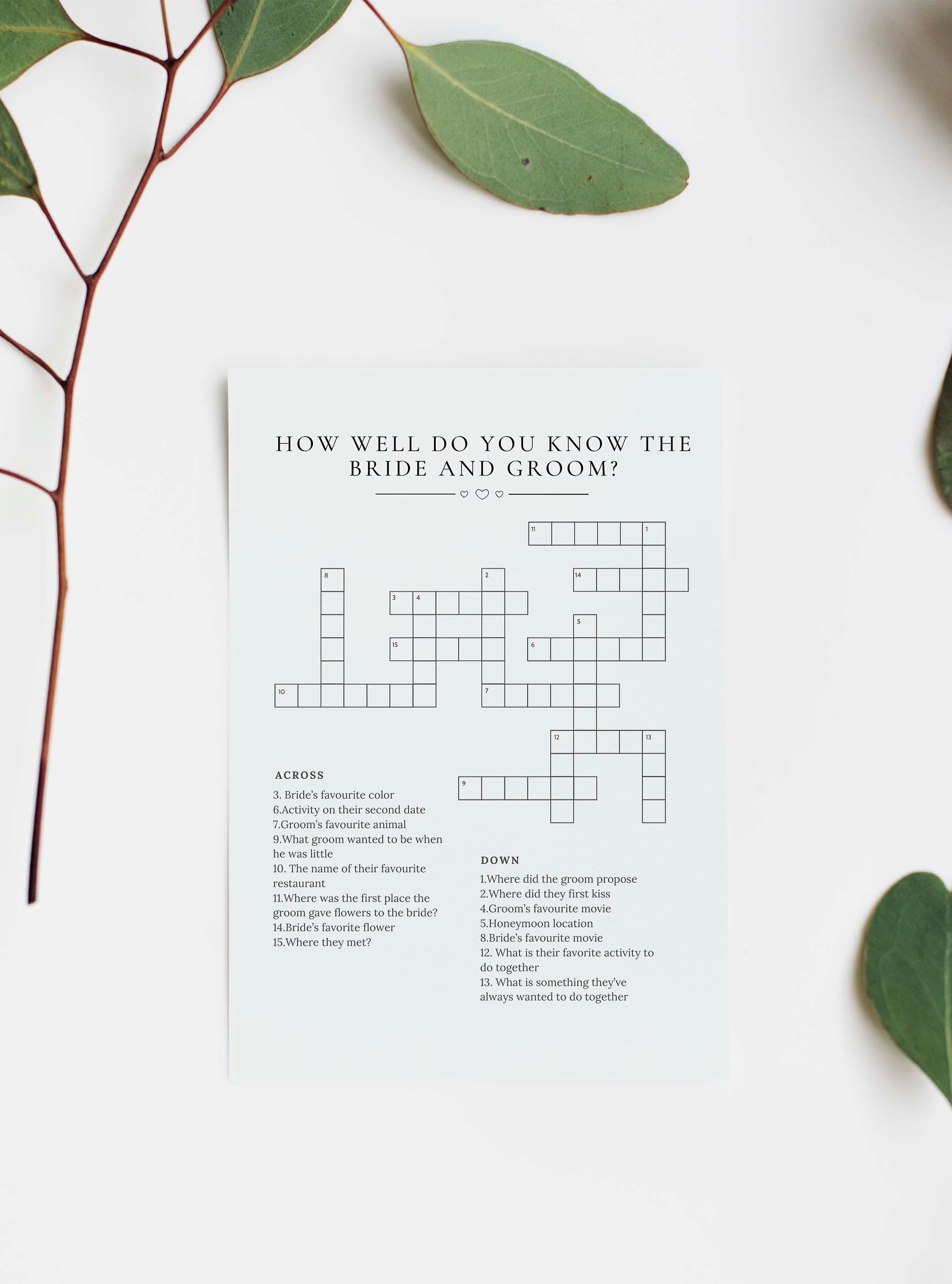 Personalized Wedding Crossword Puzzle, Custom Wedding Activity, Lawn