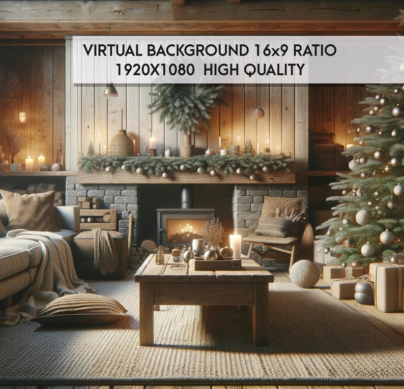 Christmas Tree Zoom Background for Meetings , Rustic Winter Cabin