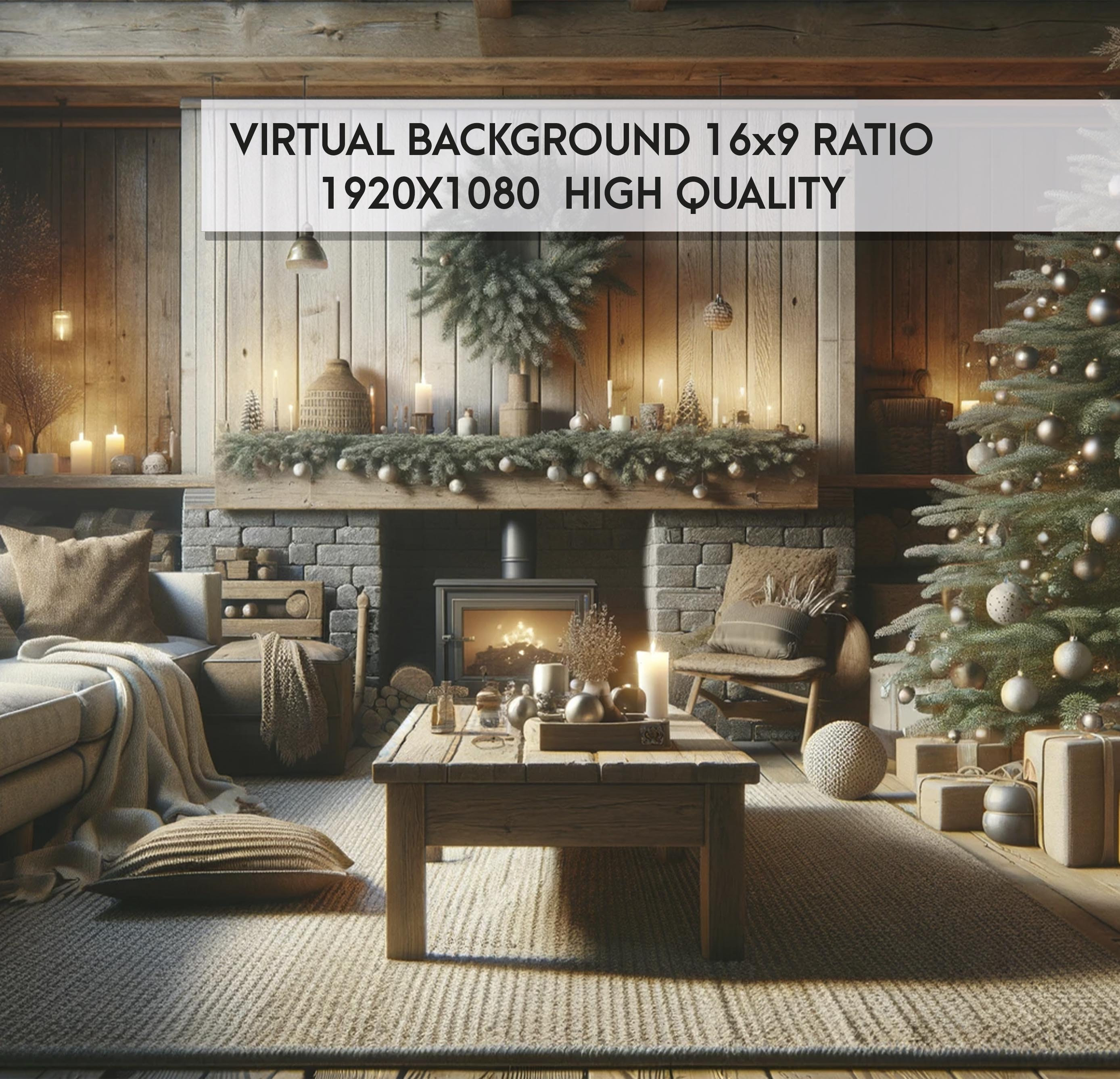 Christmas Tree Zoom Background for Meetings , Rustic Winter Cabin