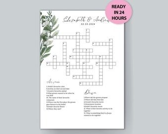 May include: A printable wedding crossword puzzle featuring a green floral design. The puzzle is titled "Elizabeth & Andrew" with the date "02.03.2024". The crossword puzzle has 19 clues, with 10 across and 9 down.