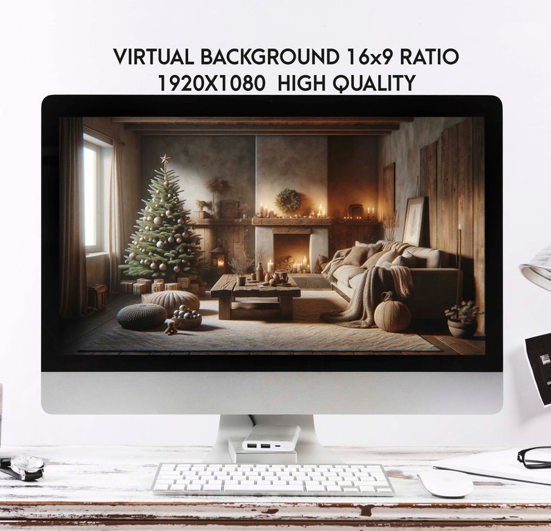 Christmas Tree Zoom Background for Meetings , Rustic Winter Cabin