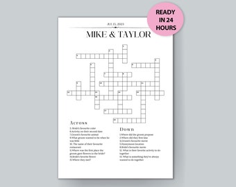 Może przedstawiać: Drukowana krzyżówka na wieczór panieński lub przyjęcie weselne. Krzyżówka nosi tytuł "Mike & Taylor" i zawiera wskazówki dotyczące ulubionych rzeczy i wspomnień pary. Krzyżówka jest gotowa do wydrukowania i zagrania.