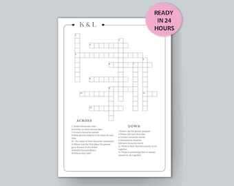 May include: A printable crossword puzzle with the title "K & L" and the words "Across" and "Down" with clues for a wedding.