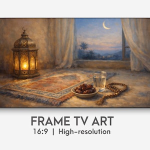 May include: A framed digital art print depicting a serene scene. A lit lantern, prayer rug, dates, and a glass of water are arranged near a window with a crescent moon. The text "FRAME TV ART" is at the bottom.