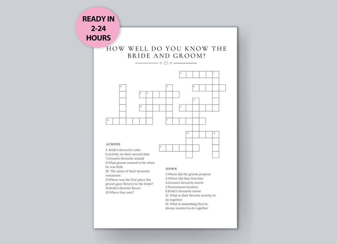 Personalized Wedding Crossword Puzzle, Custom Wedding Activity, Lawn