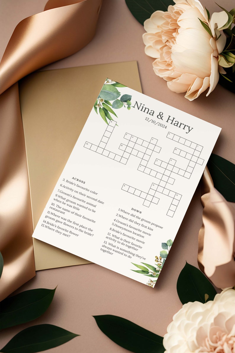 Personalized Wedding Crossword Puzzle, Custom Wedding Activity, Lawn