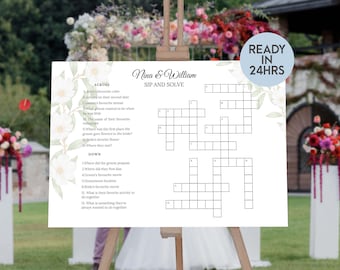 May include: A printable wedding crossword puzzle titled "Nina & William Sip and Solve". The crossword puzzle is on a white background with green floral accents. The puzzle is ready to be printed and played at a wedding reception.