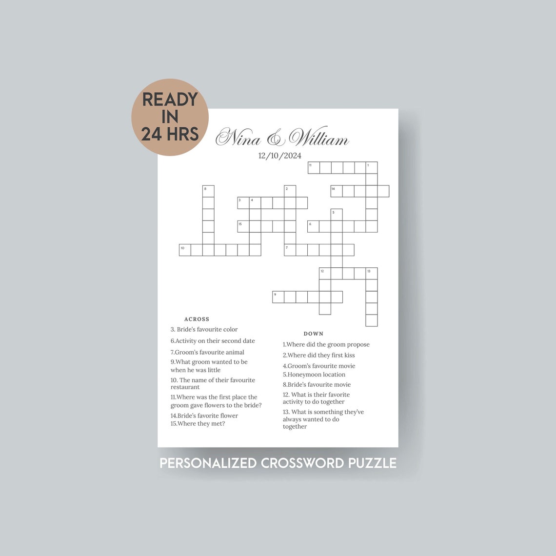 Personalized Wedding Crossword Puzzle, Custom Wedding Activity, Lawn