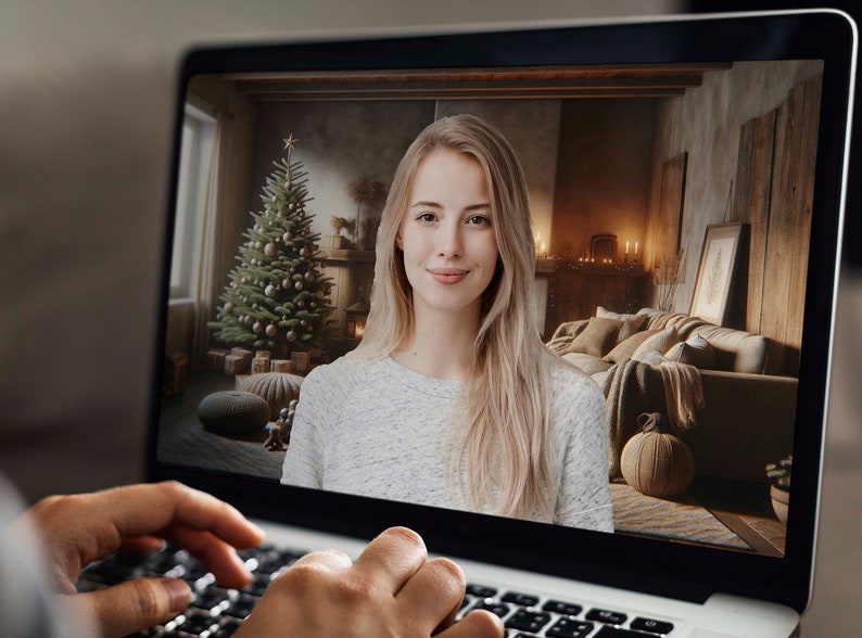 Christmas Tree Zoom Background for Meetings , Rustic Winter Cabin