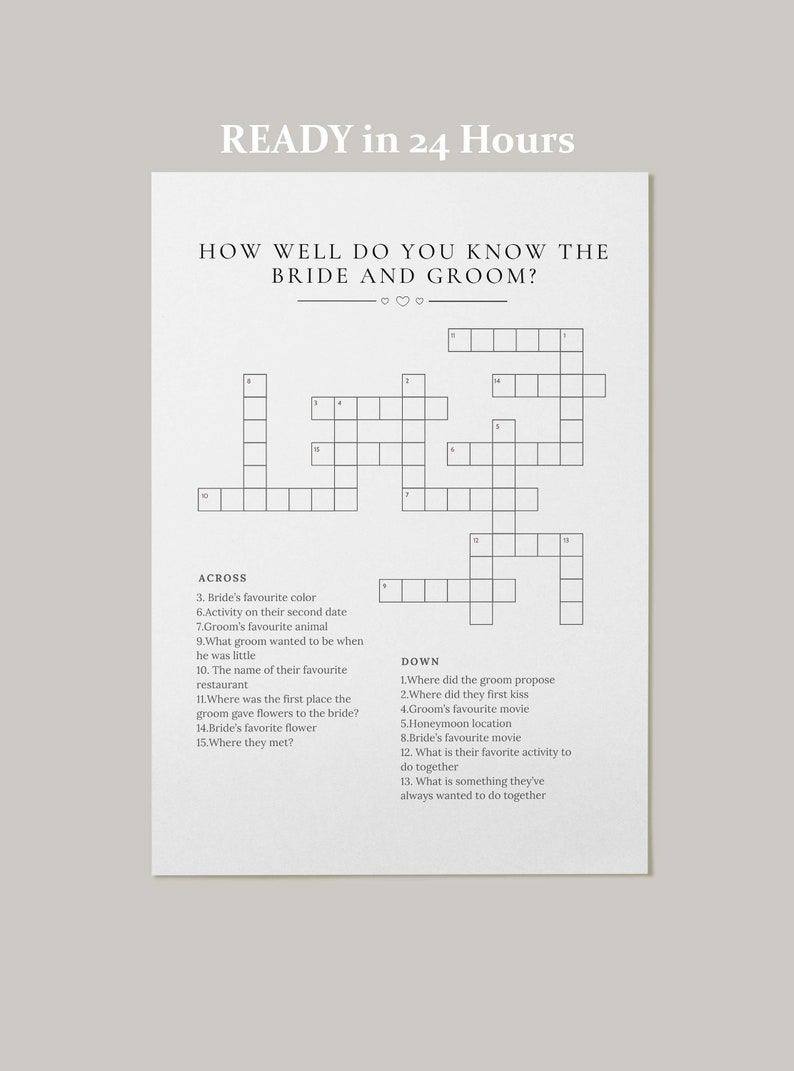Personalized Wedding Crossword Puzzle, Custom Wedding Activity, Lawn