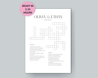 Może przedstawiać: Drukowana krzyżówka na wieczór panieński lub przyjęcie zaręczynowe. Krzyżówka nosi tytuł "Olivia & Ethan" z datą "12/10/2024". Krzyżówka ma 15 wskazówek w poziomie i 13 wskazówek w pionie.