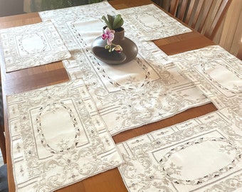 Stunning set of Madeira embroidery table runner and 5 placemats, natural linen with tan intricate design. Exceptional set!