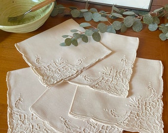 Set of 5 vintage Madeira style linen napkins, natural color with great hand embroidery.