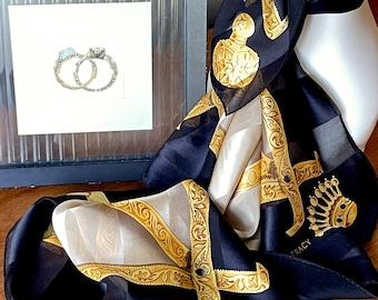 Ellen Tracy Vintage Silk Scarf, Gold Ribbons, Crowns & Perfume Bottles