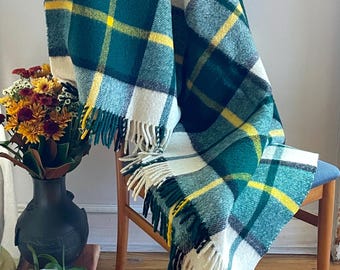 Vintage wool blanket with fringe, cream and green plaid, by B Altman, NYC.