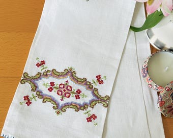 Vintage hand towel, beige linen with exquisite micro cross stitch design.  Colorful and unique.