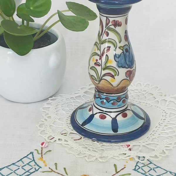 Portuguese ceramic candlestick, hand painted, vibrant colors, folk art feeling