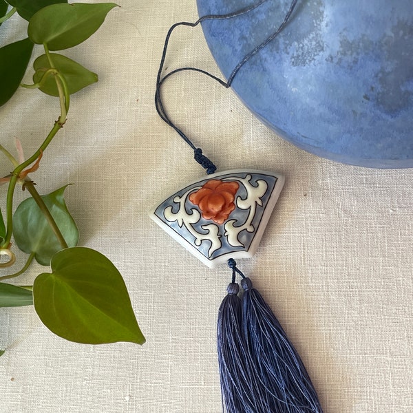 Chinese porcelain bead necklace, gorgeous painted fan shaped bead, elegant silk cord and tassels