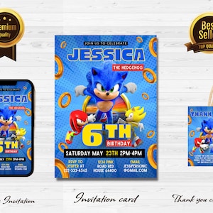 Sonic verjaardag uitnodigen, Sonic thema uitnodiging voor feest, Sonic the Hedgehog uitnodigingssjabloon, mobiele telefoon uitnodigen Corjl Digital j1