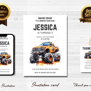 Monster Truck Birthday Invitation, Printable Watercolor Monster Truck Invitation, Monster Jam, Monster Truck Party, Digital Invite j1