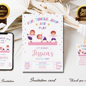 Jump Tumble & Play Gymnastics Birthday Party Invitation, Editable Template, Girls Rainbow Gymnastics Theme Birthday Invite, Instant Download