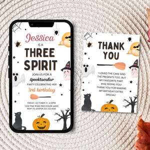 Bewerkbare Halloween 3e verjaardag mobiele uitnodiging, Spooky verjaardag digitale uitnodigen, derde verjaardag schattig Ghost Spooky Bedankkaart, j1 H1