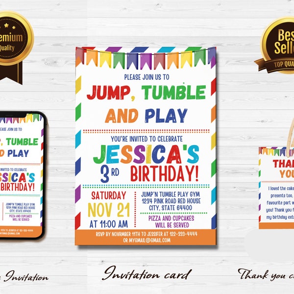 Jump tumble play  Invitation, Jump tumble Play Birthday Invites, Instant Download Jump tumble Play Party Invitations