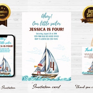 Sailboat Birthday Party Invitation, EDITABLE Watercolor Boat Invite, Ahoy Nautical Pirate , 4th birthday Printable Kids Template j1