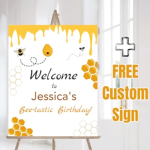 EDITABLE Bee Birthday Welcome sign, Honey Bee Birthday Party Sign Decorations, Bee One Party Custom Sign Template Printable j1
