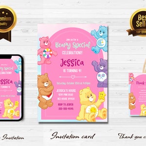 Editable Carebear Invitation Birthday Party Invitation, Birthday Invitation,  Editable Carebear Party, Instant Download, Editable CANVA j1