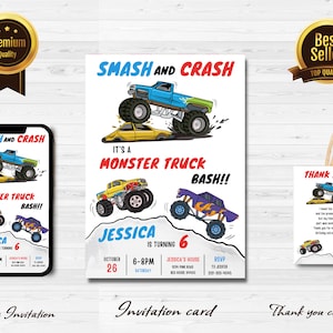 BEWERKBARE Monster Truck verjaardagsuitnodiging Smash en Crash Monster Truck uitnodiging, Monster truck digitale uitnodiging, Bedankkaart j1