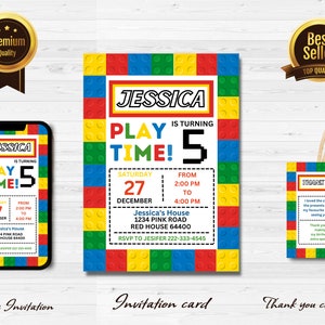 Building Blocks Birthday Invitation | Building Bricks Kids Birthday Party Invite, Editable Birthday Party Invitation, Digital Invitation  j1
