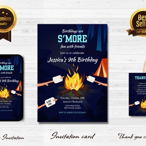Editável S'more Convite de Aniversário Fogueira Convite Acampamento Smore Diversão com Amigos Quintal Modelo de Convite de Acampamento Digital j1