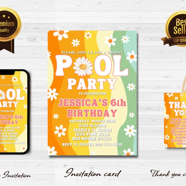 Editable Retro Pool Party Invitation , Groovy Party Instant Download Digital invite, Retro Pool party birthday invite, Groovy 70s Hippie j1