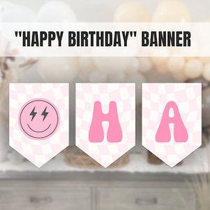 Smiley Birthday Banner,  Pink Smiley Party , Smiley kid Party Decorations, Birthday banner  PRINTABLE DIGITAL DIY Bee-Day j1