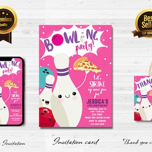 Bewerkbare Bowling verjaardagsuitnodiging Strike Up sommige leuke meisje Bowling Party Pizza roze paars Instant Download afdrukbare sjabloon j1