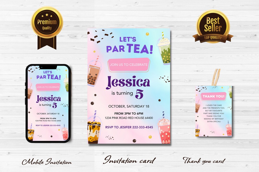 Cute Bubble Tea Birthday Party Invitation, Editable Digital Invitation