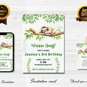 Editable Sloth Birthday Invitation | Tropical Birthday Invitation | Еditable template | Any Age | wanna hang sloth birthday party invite j1