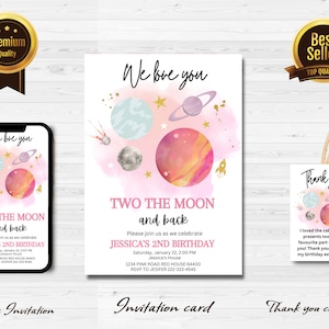Editable Two the Moon 2nd Birthday Invitation Girl Pink 2nd birthday Space Love you Two the moon Galaxy Download Printable Template j1